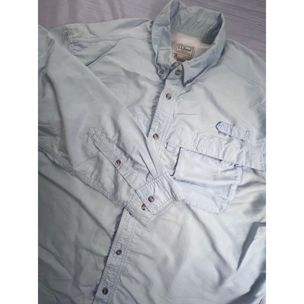 LL Bean Mens Large Blue Long Sleeve Vented Fishing Shirt 192202 Nylon Blend